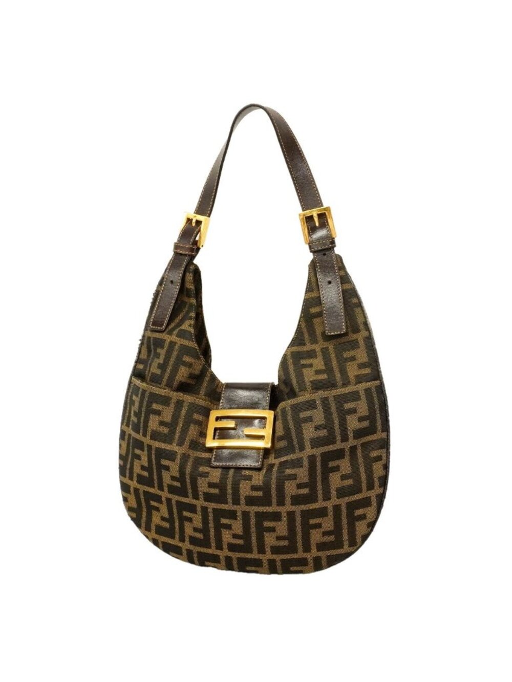 Fendi Shoulder Bag Zucca Nylon Canvas Brown Gold